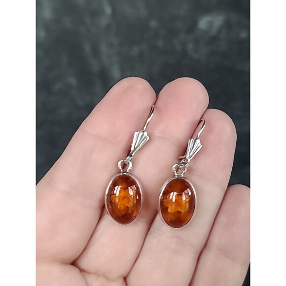 925 Sterling Silver Floral Resin Dangling Pierced Earrings Vintage - Picture 3 of 10